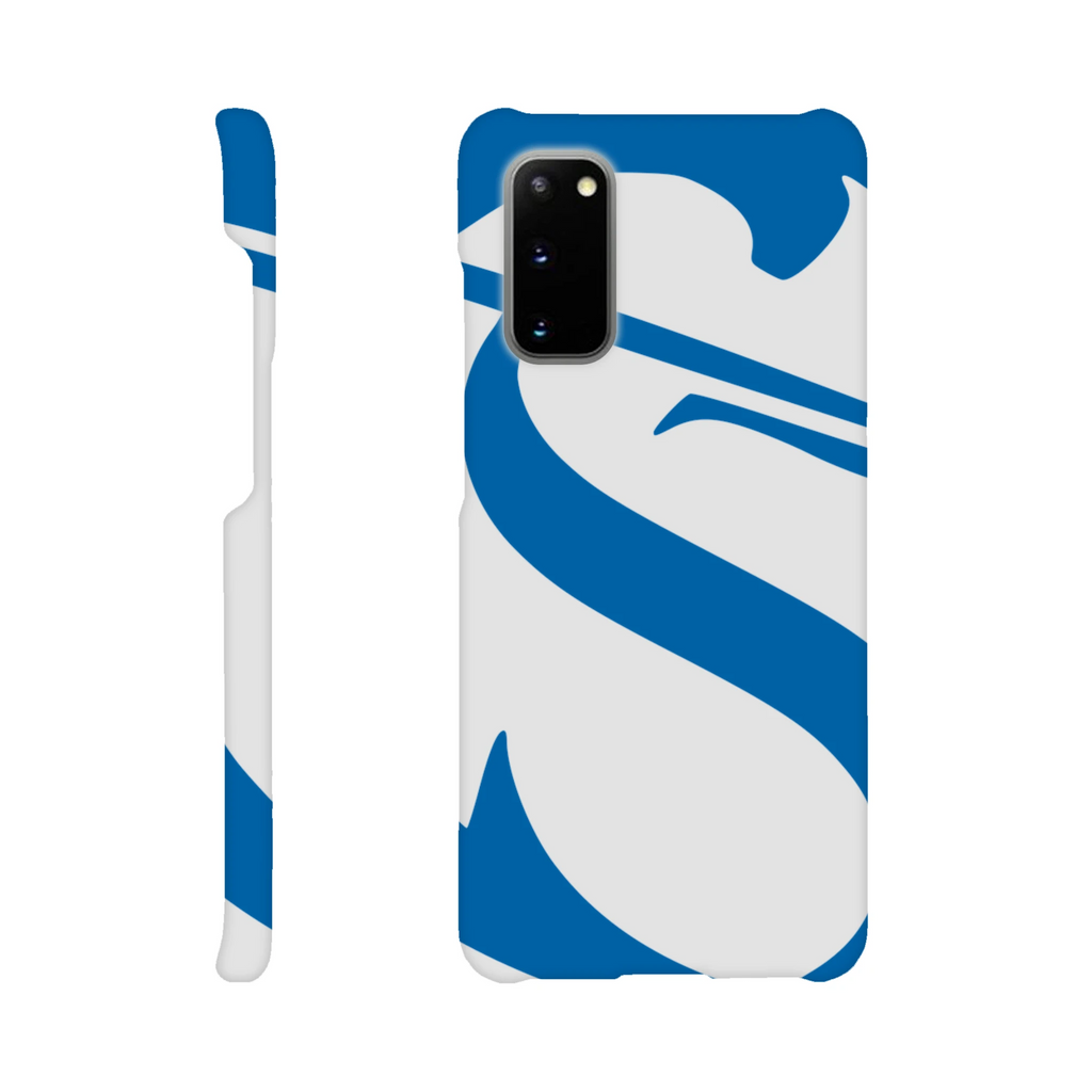 Phone case with blue and white design on a white background