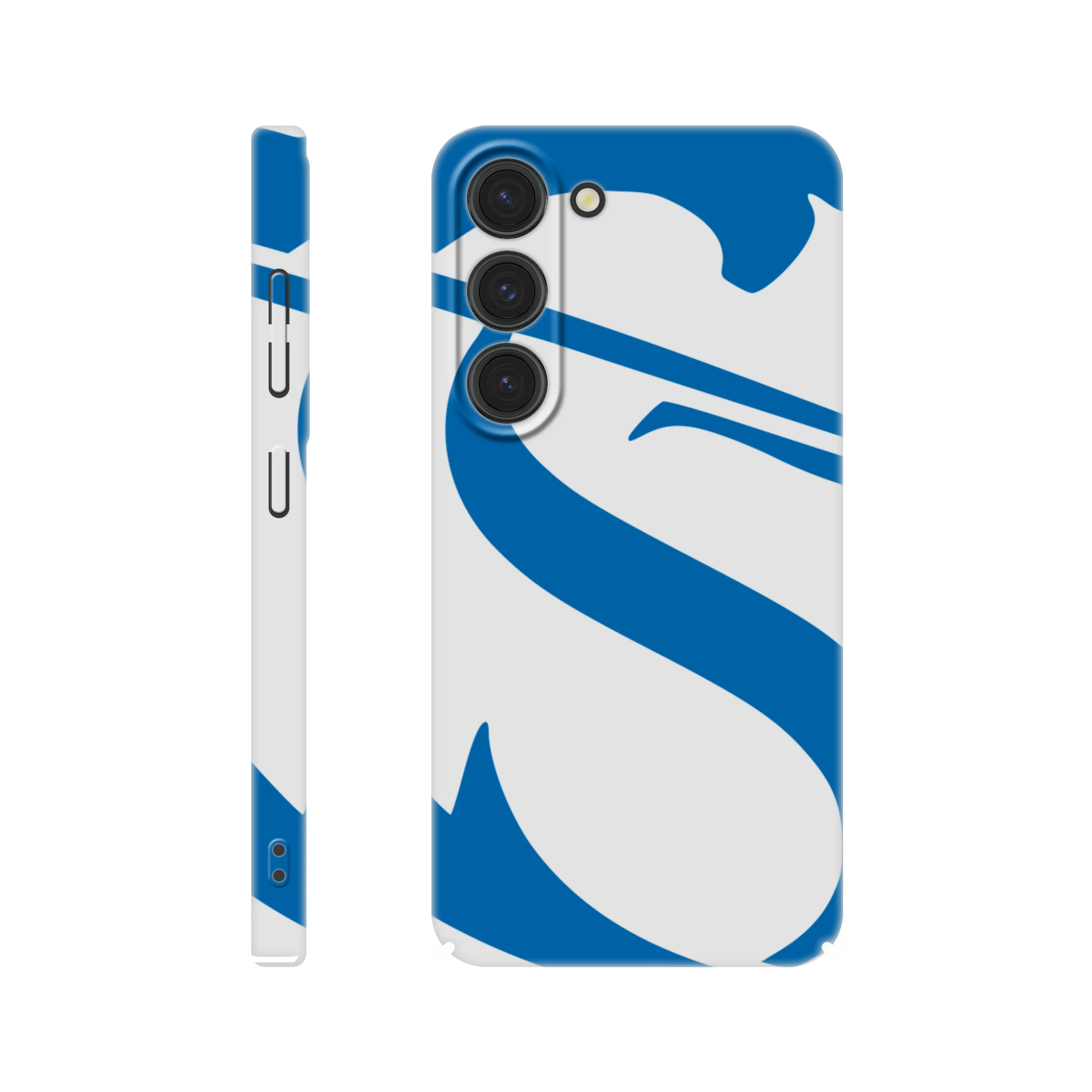 Phone case with blue and white design on a white background