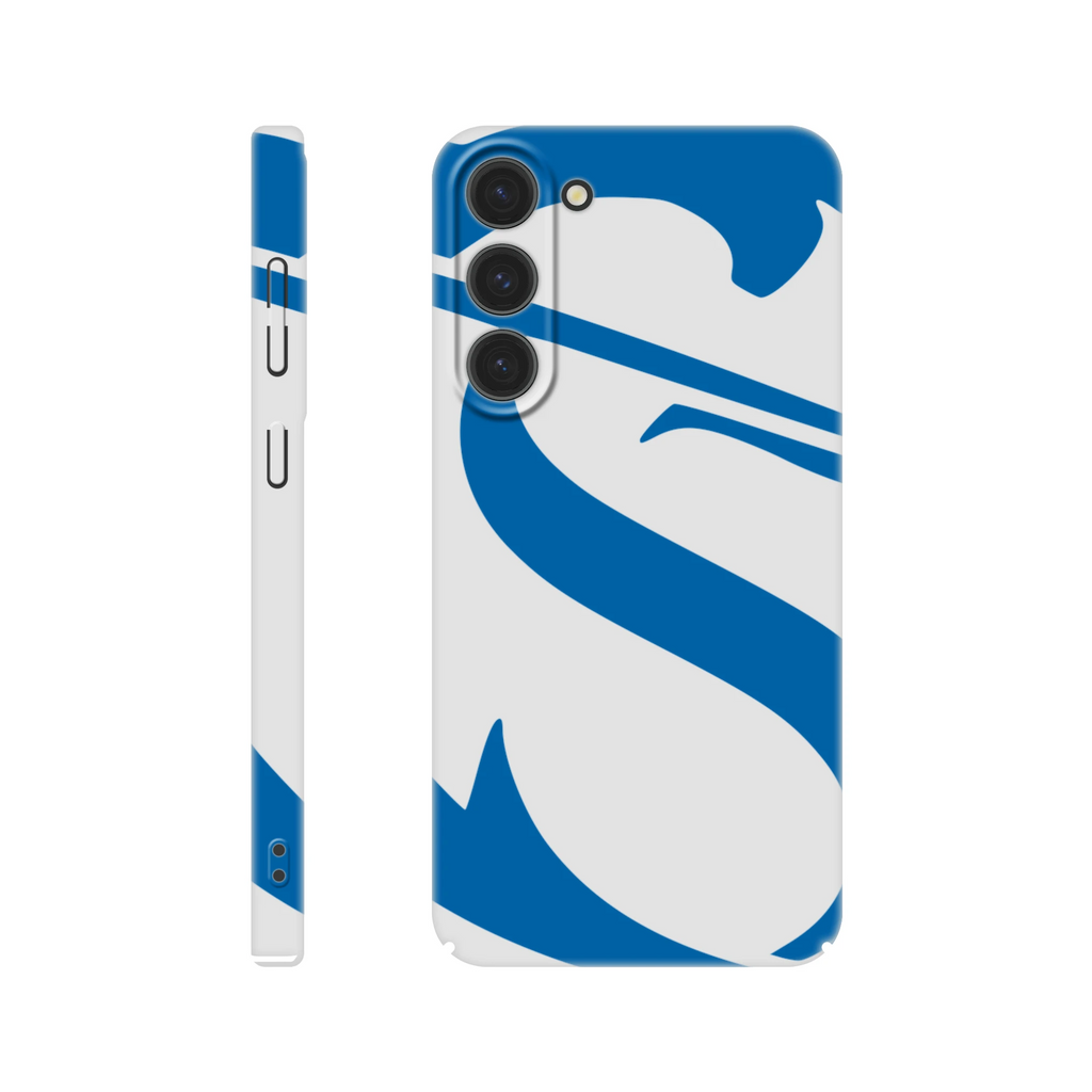 Phone case with blue and white design on a white background