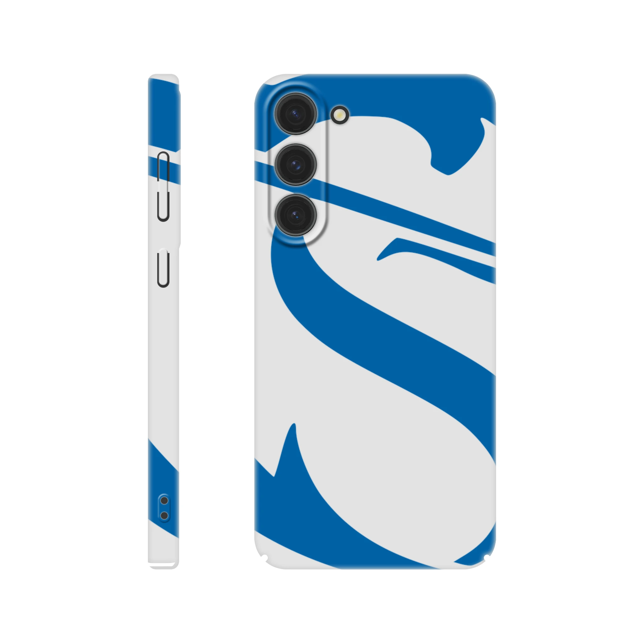 Phone case with blue and white design on a white background