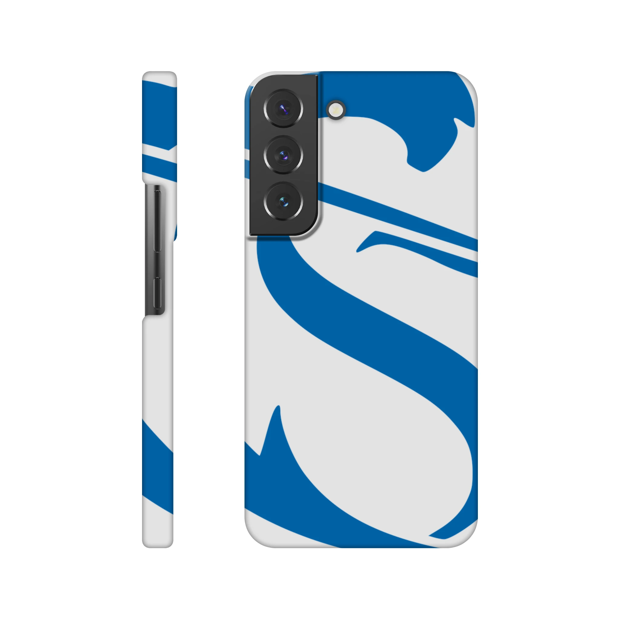 Phone case with blue and white design on a white background