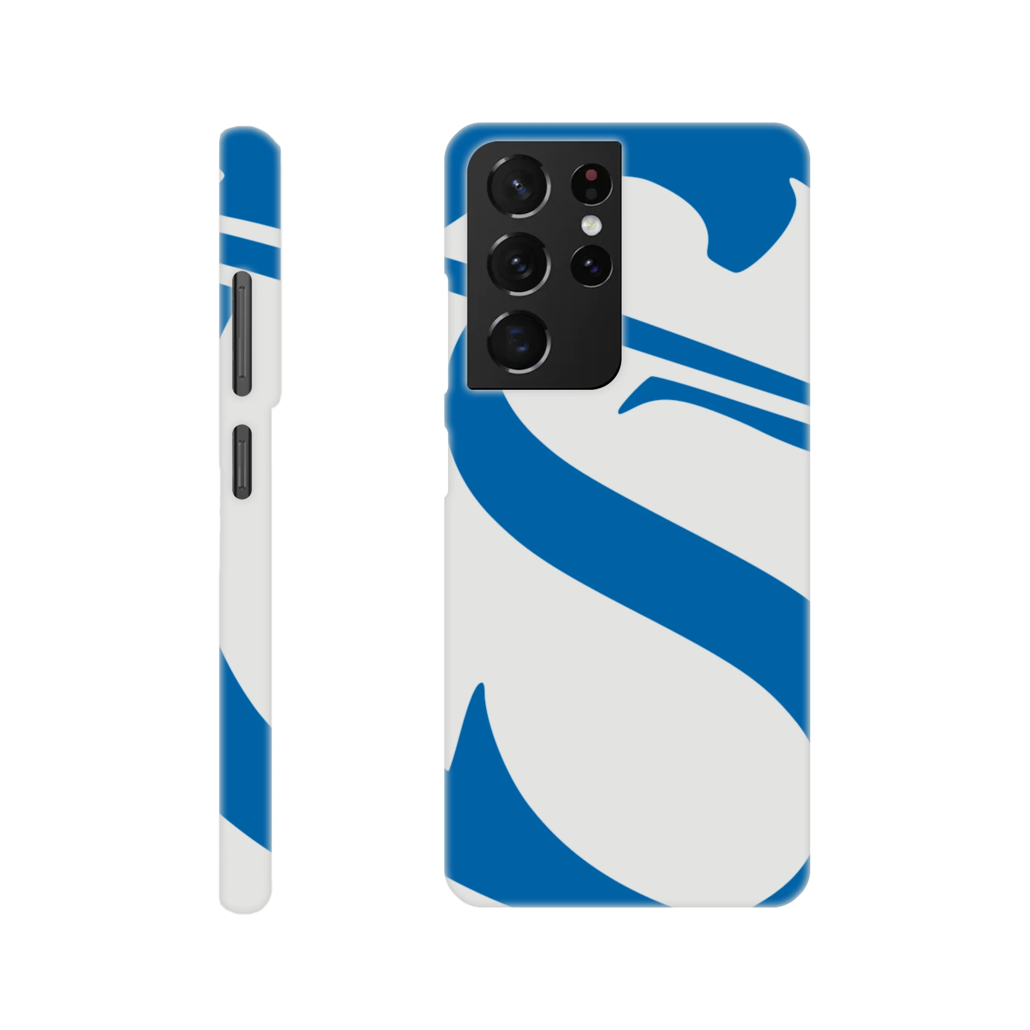 Phone case with blue and white design on a white background