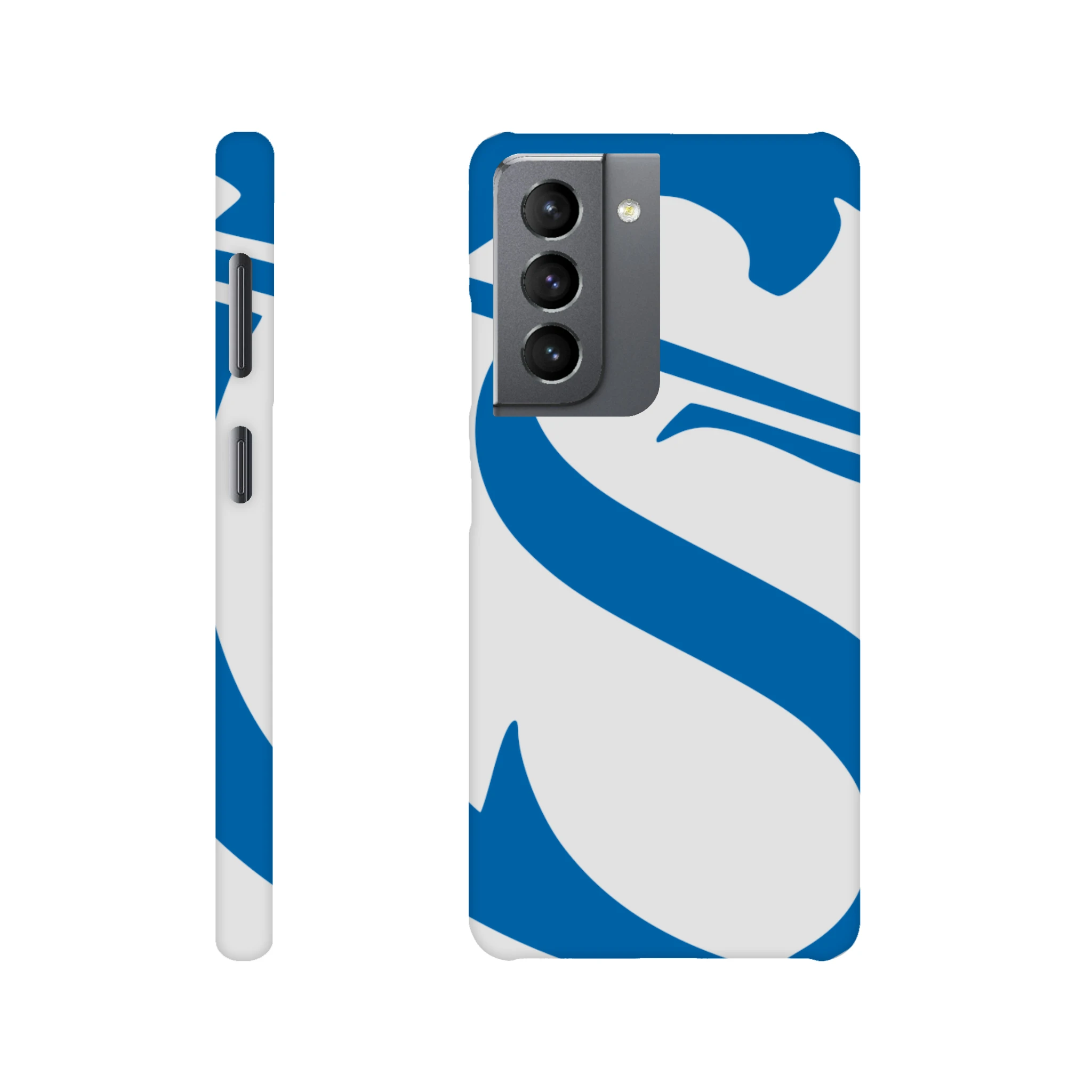 Phone case with blue and white design on a white background