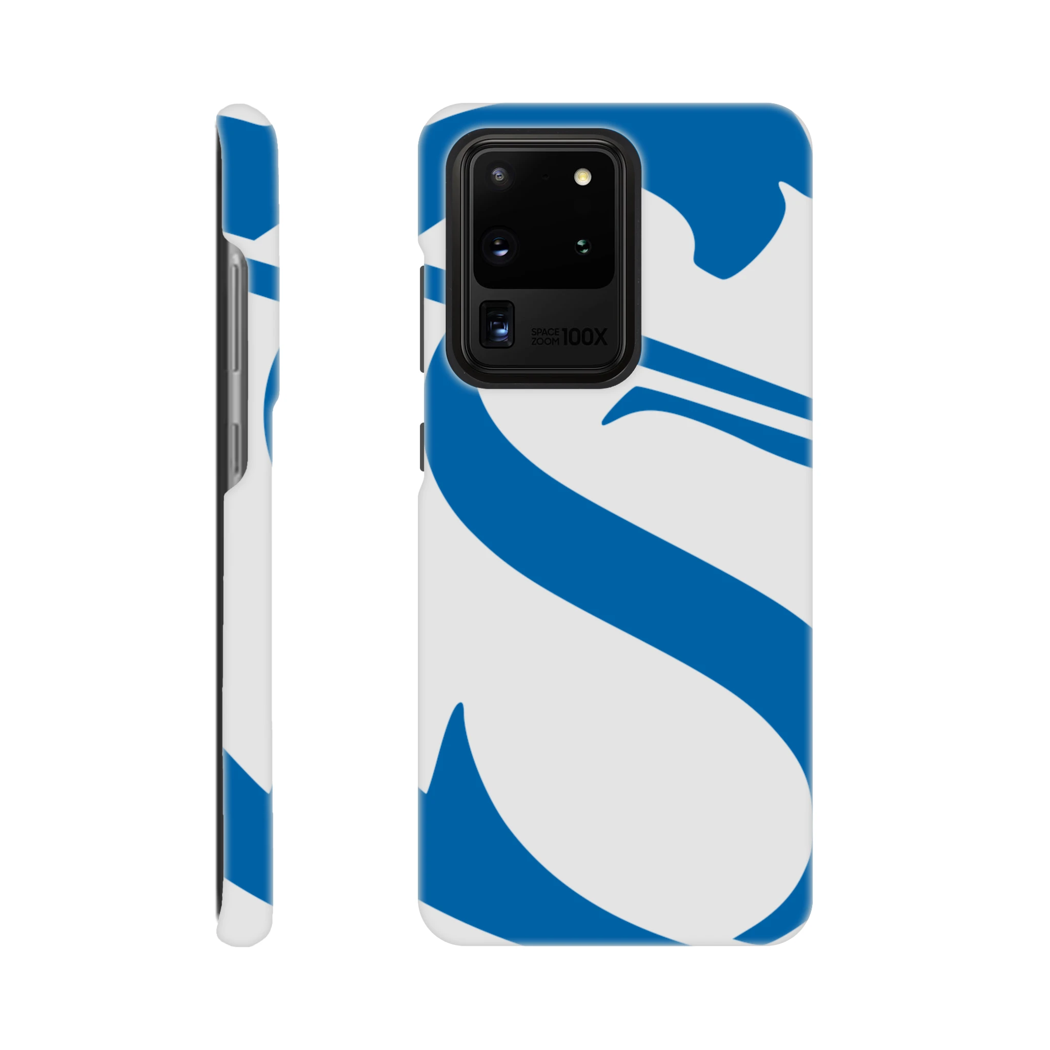 Phone case with blue and white design on a white background