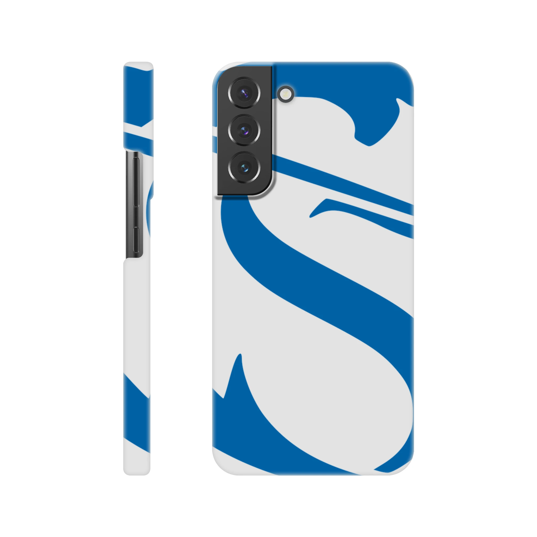 Phone case with blue and white design on a white background