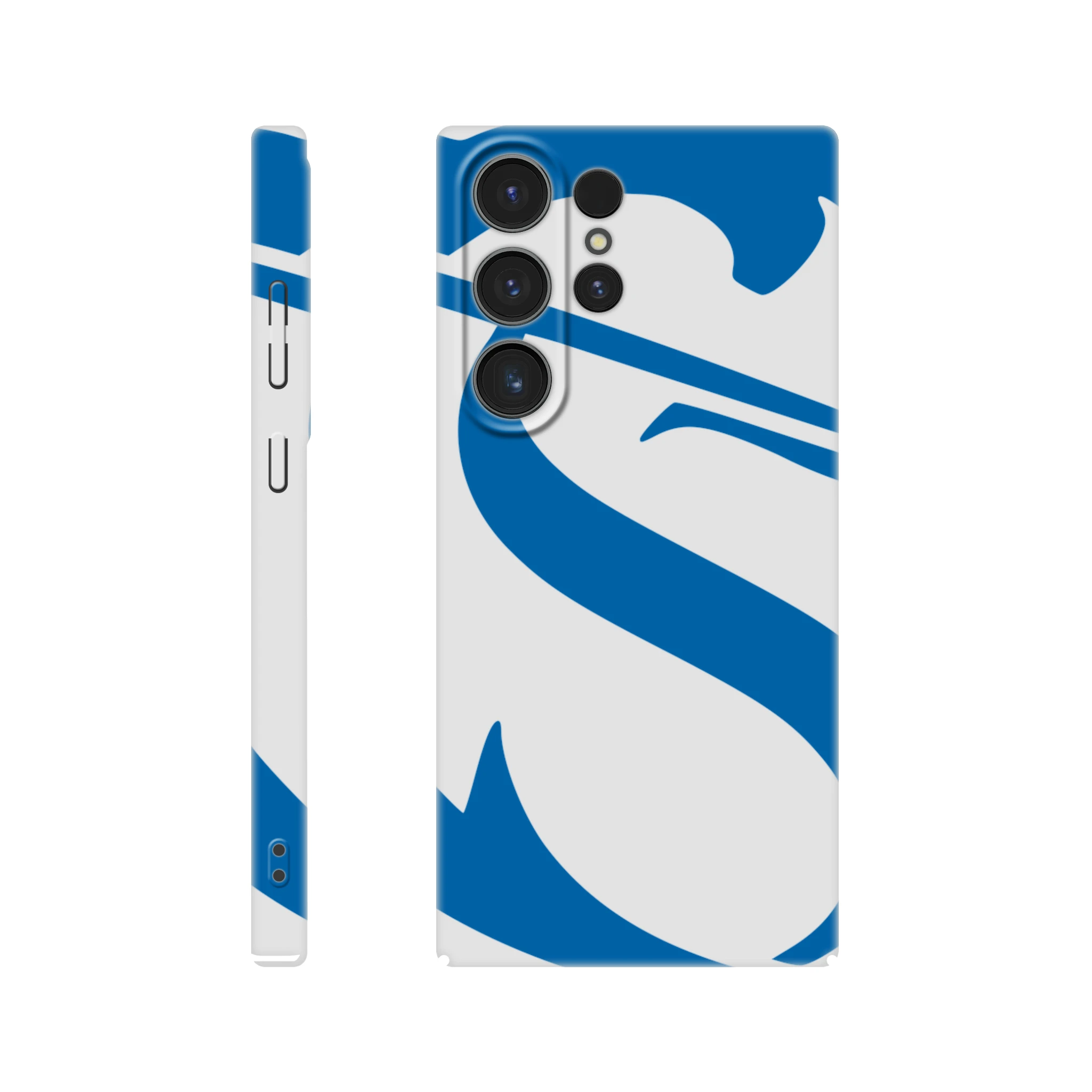 Phone case with blue and white design on a white background