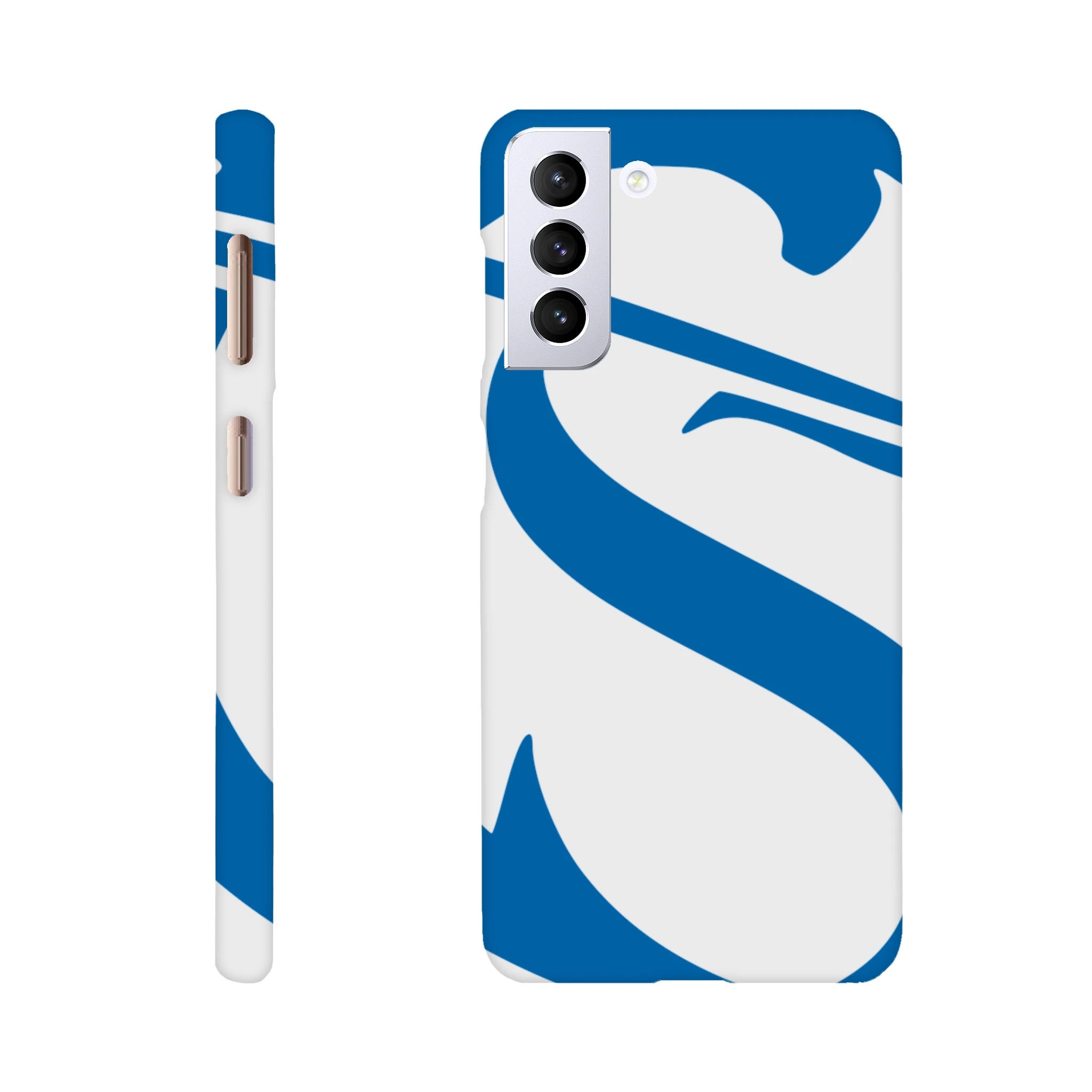 Phone case with blue and white design on a white background