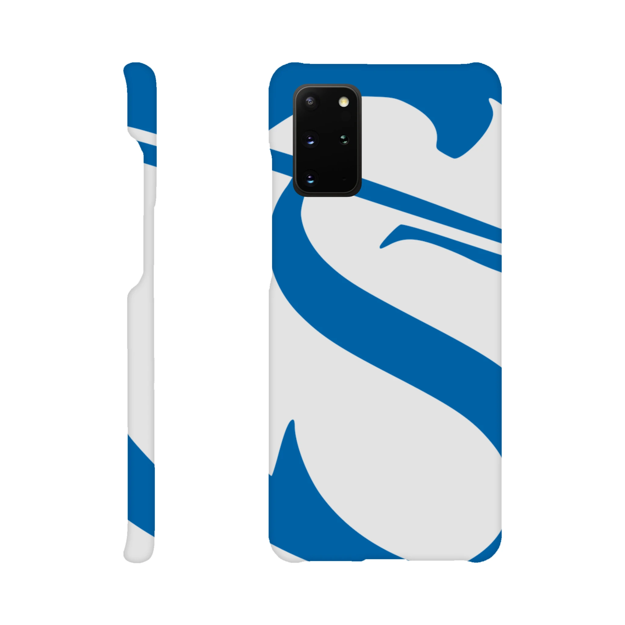 Phone case with blue and white abstract design on a white background