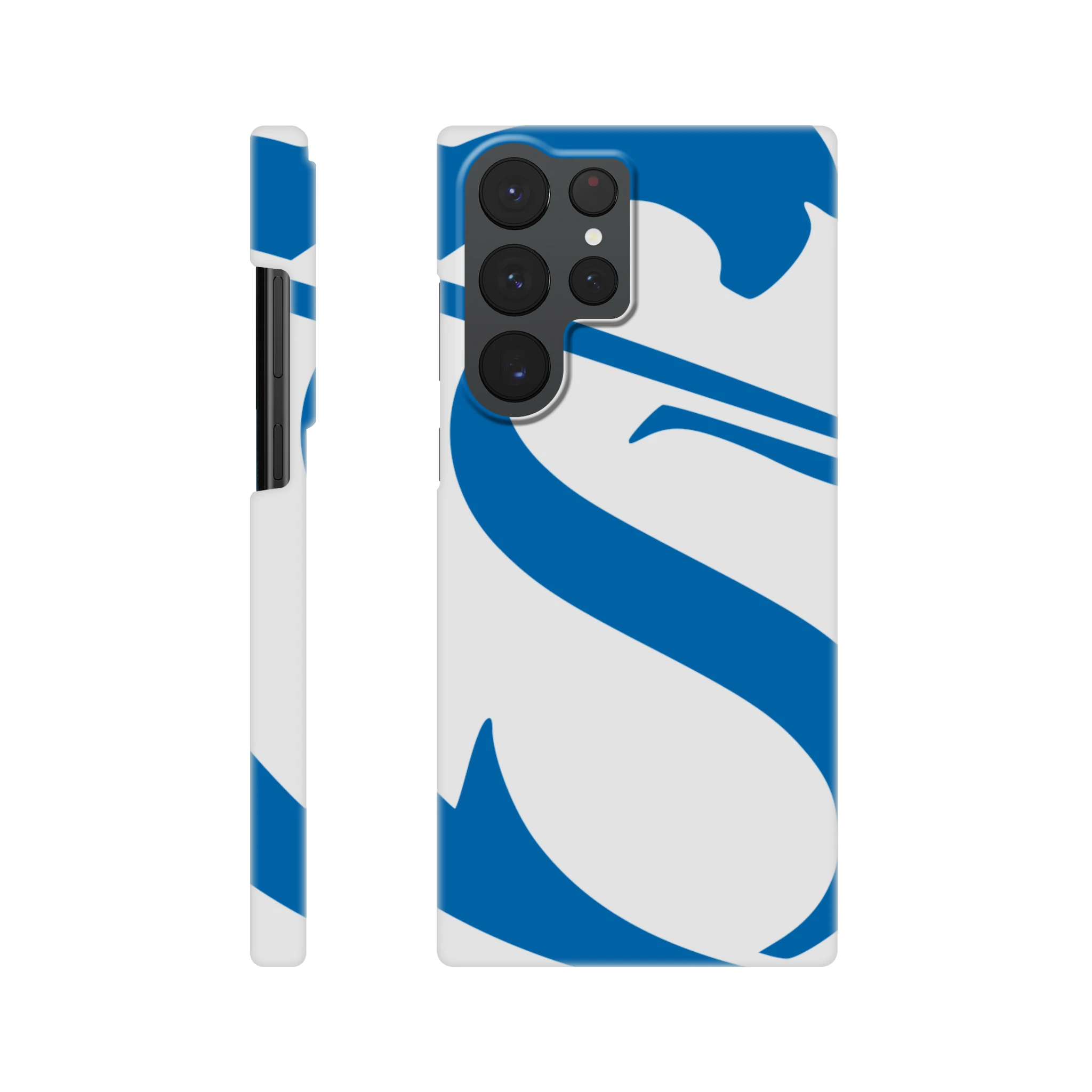 Phone case with blue and white design on a white background
