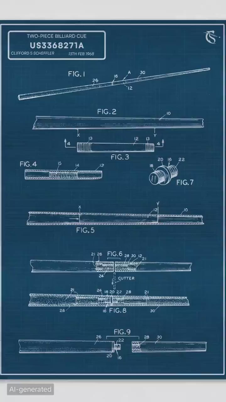 2-Piece Billiard Cue Patent (US3368271) - Brushed Aluminium